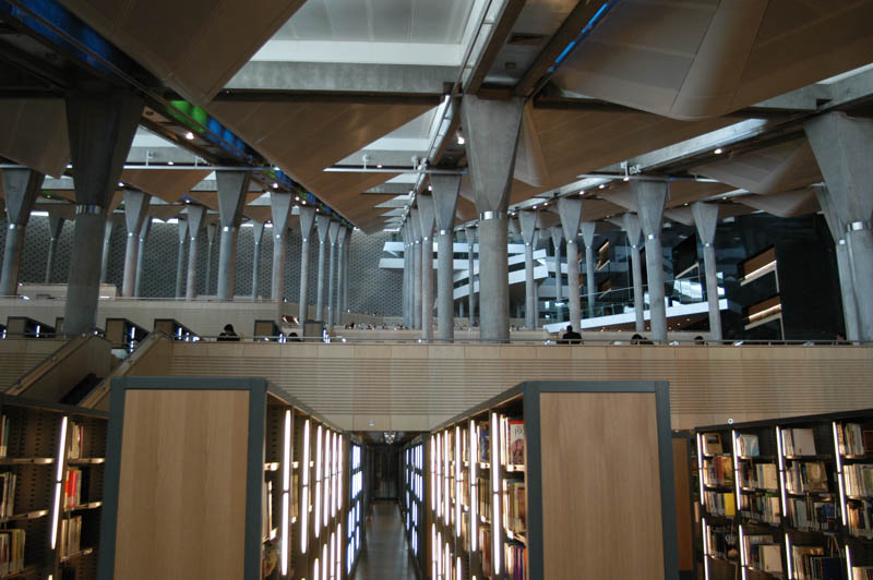 lookup up fro the mezzanine into the tiers of the library study areas
