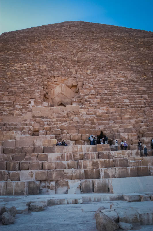 Climbing up towards the entrance of the Great Pyramid at Giza