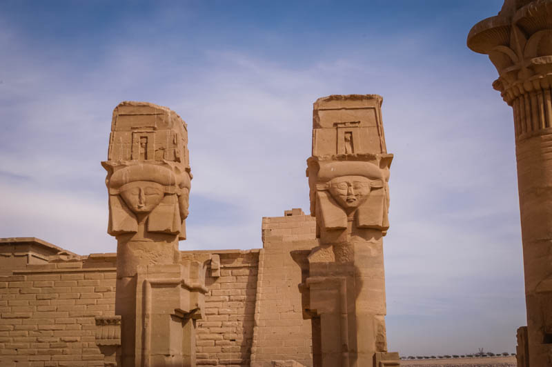two of the original feline-looking Hathor-headed columns