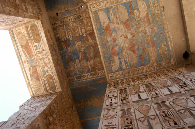 THe colorful ceiling and walls in the pylon at Medinet Habu