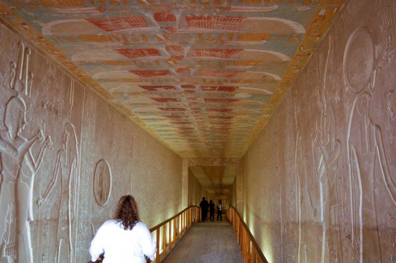 Very little color, but a long hallway in the tomb of Seti II